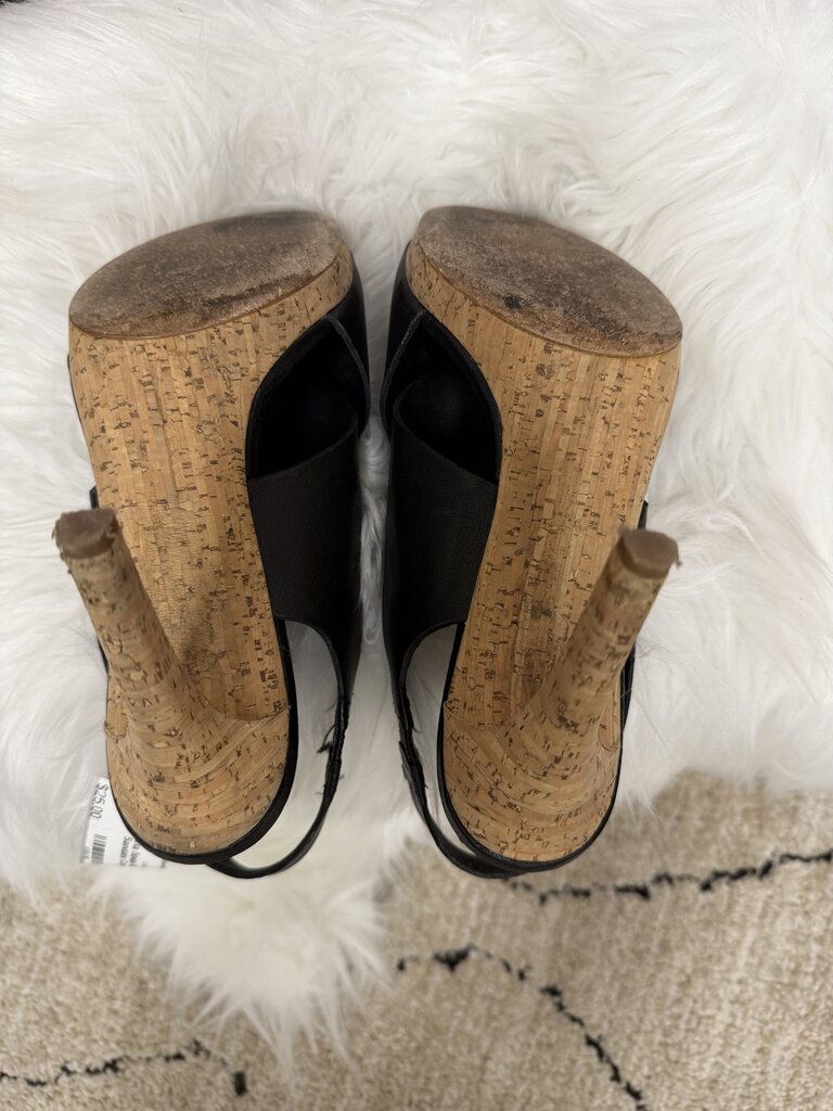 Via Spiga Black Leather Sandals Cork Heel With Open Toe