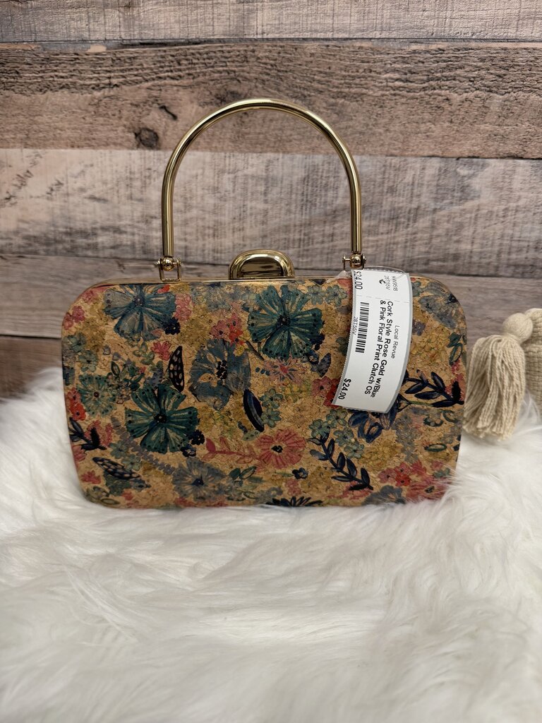 Cork Style Rose Gold w/Blue & Pink Floral Print Clutch