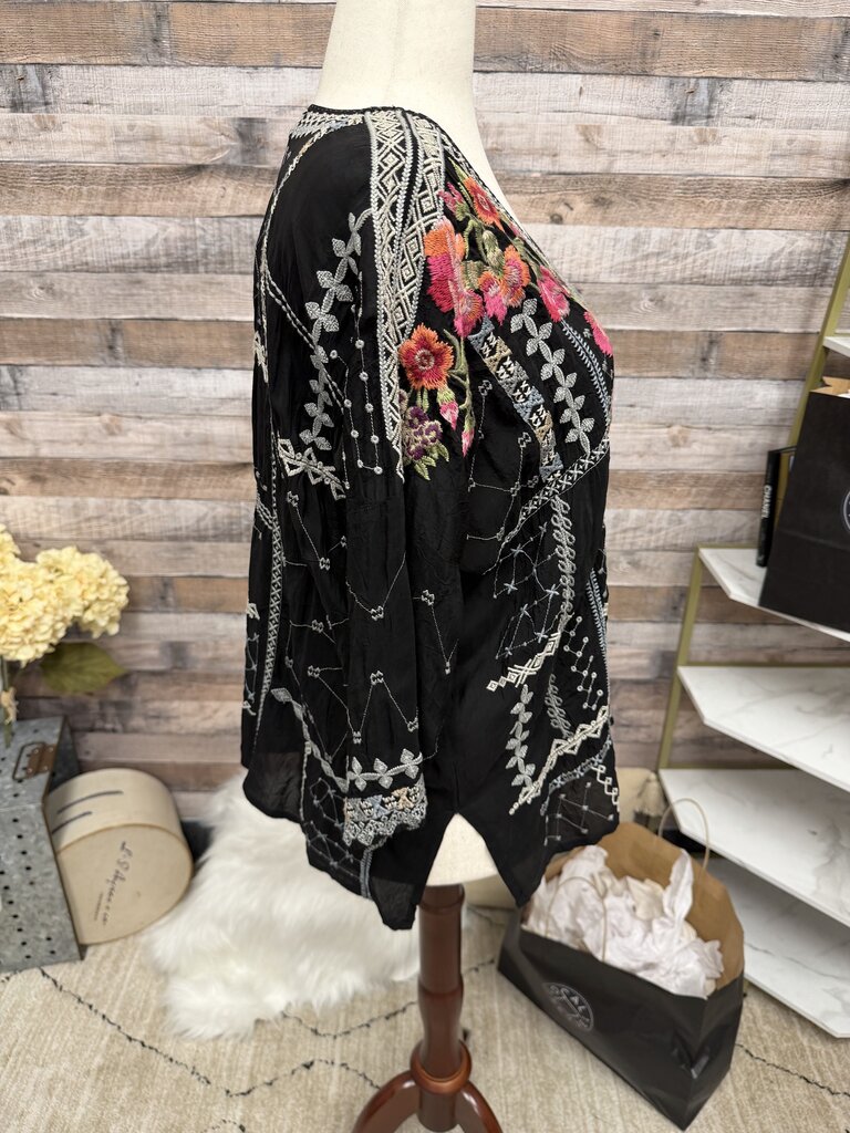 Johnny Was Black 3/4 Sleeve Blouse w/Pink Embroidered Flowers