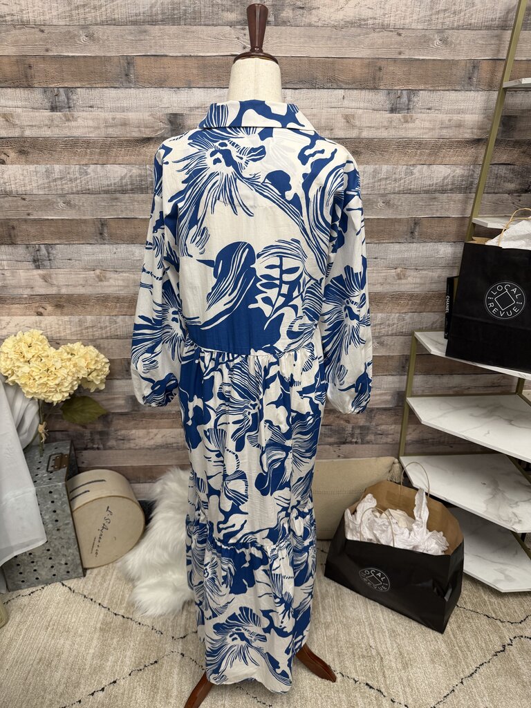 Maeve Anthropologie Blue & White Tropical Print Shirt Dress S