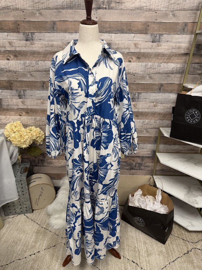Maeve Anthropologie Blue & White Tropical Print Shirt Dress S