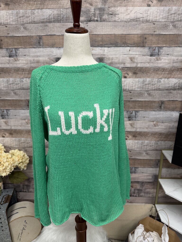 Wooden Ships "Lucky" Green Graphic Knit Sweater S/M