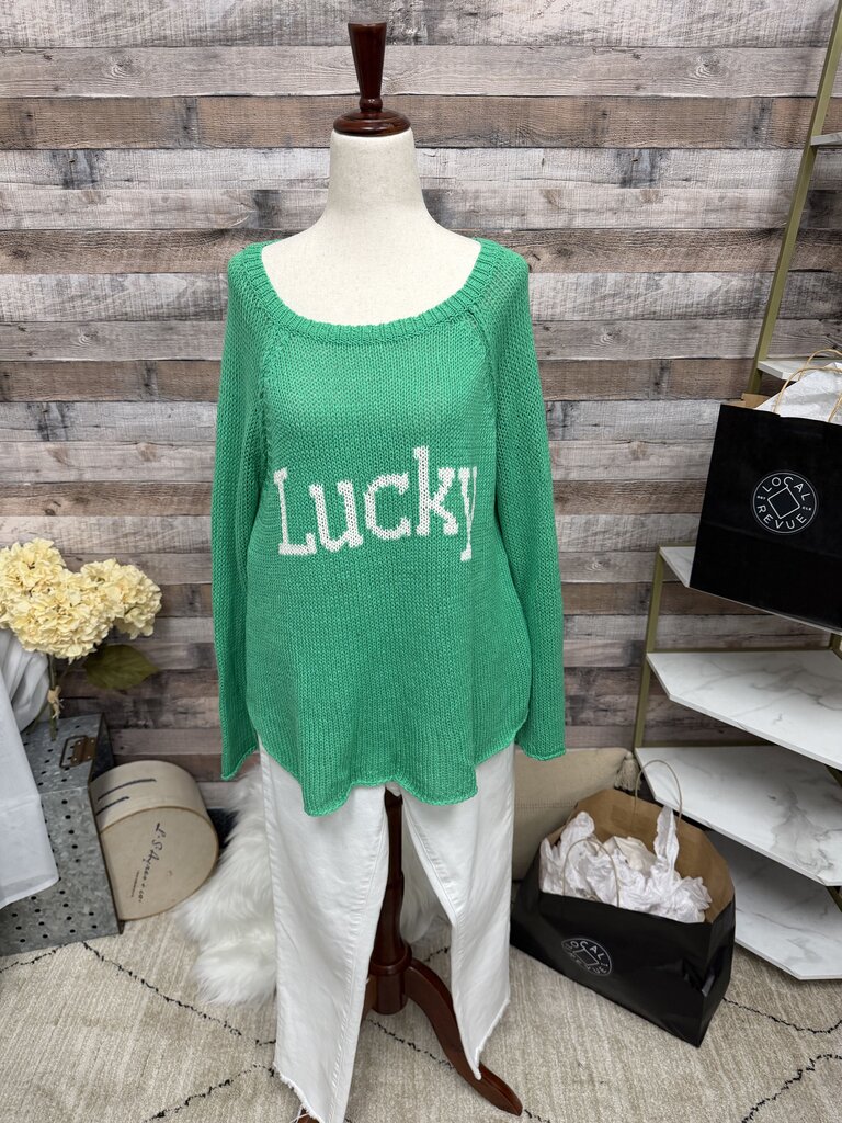 Wooden Ships "Lucky" Green Graphic Knit Sweater S/M