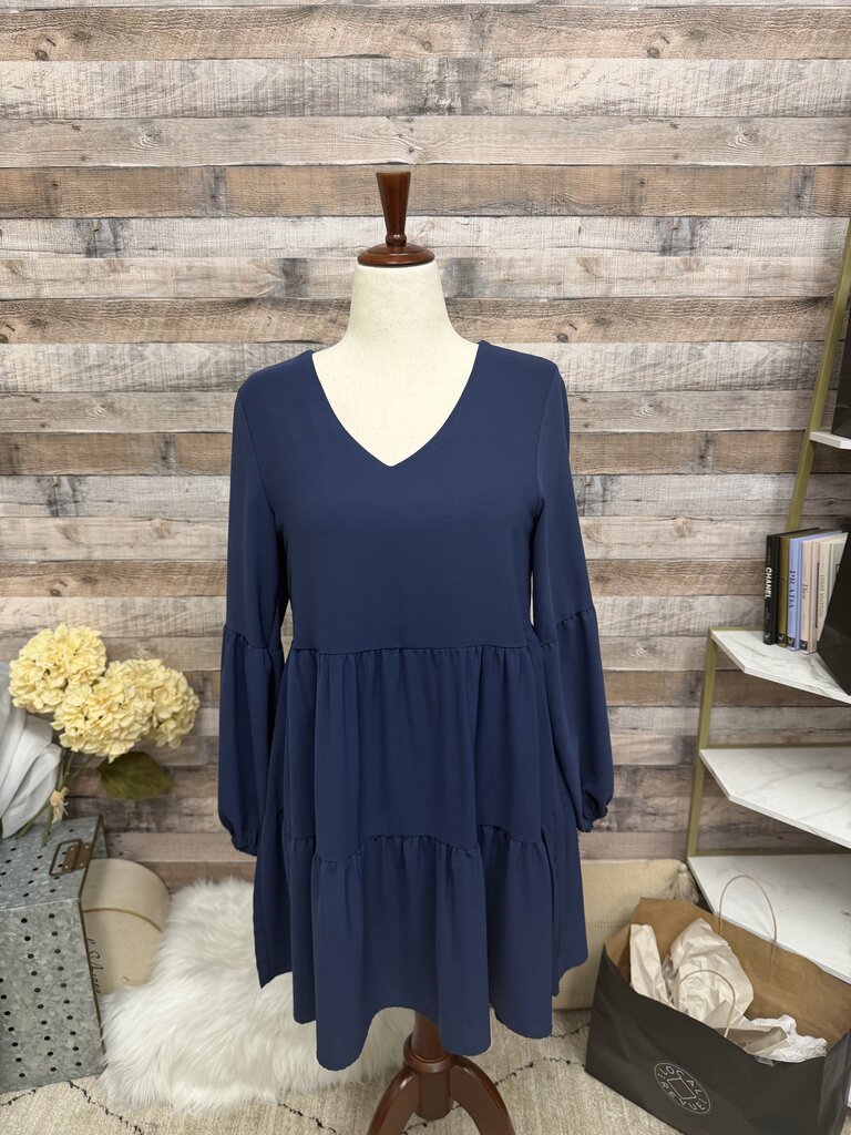 Navy V-Neck Long Sleeve Dress M