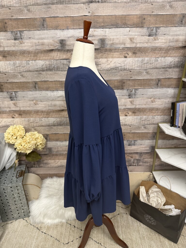 Navy V-Neck Long Sleeve Dress M