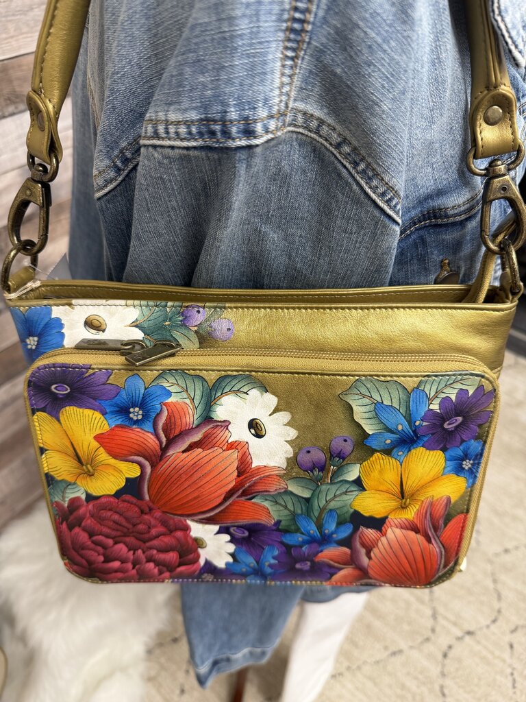 NWT Anuschka Gold Metallic w/Mulit Color Floral Shoulder