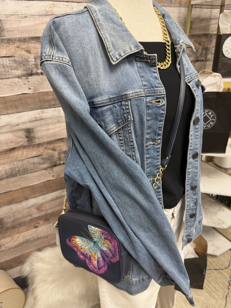 Anuschka Navy w/Butterfly & Gold Chain Crossbody