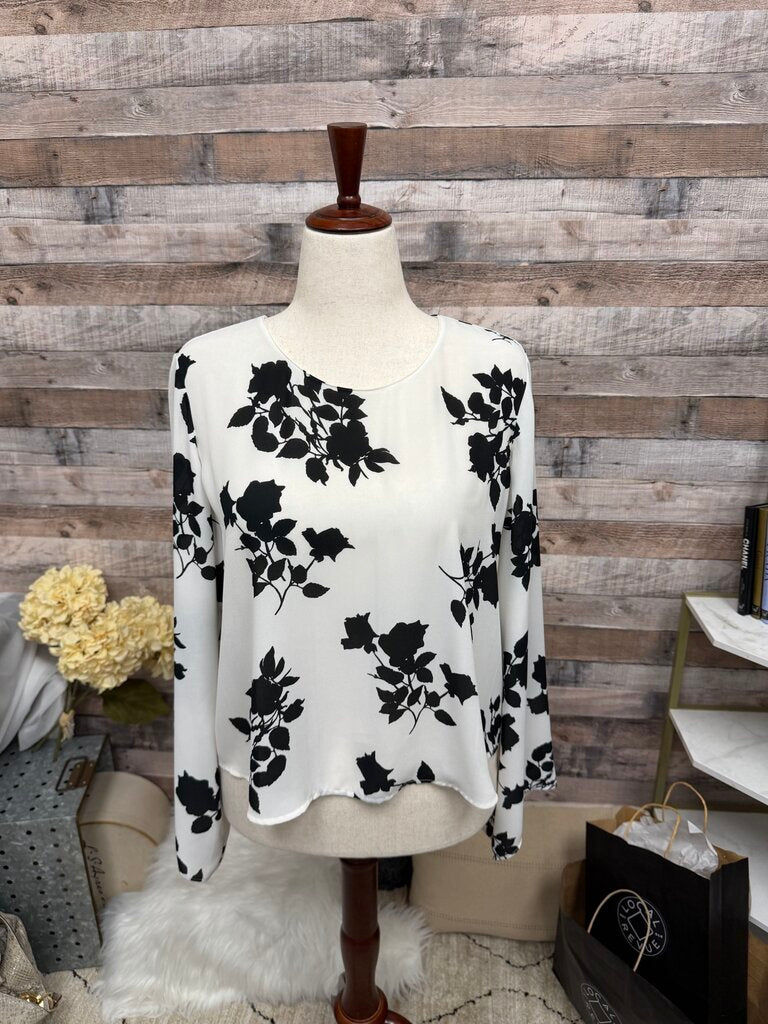 Vince Camuto White & Black Floral Pattern Blouse L