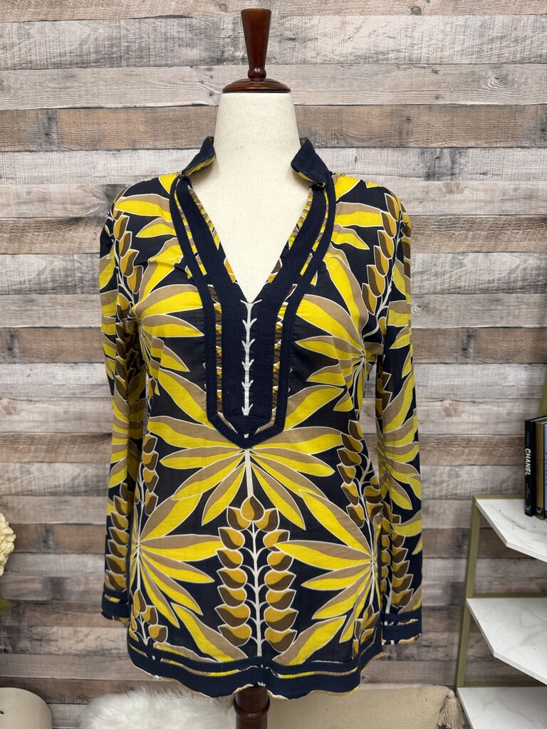 Tory Burch Yellow & Black Palm Lead Print Blouse