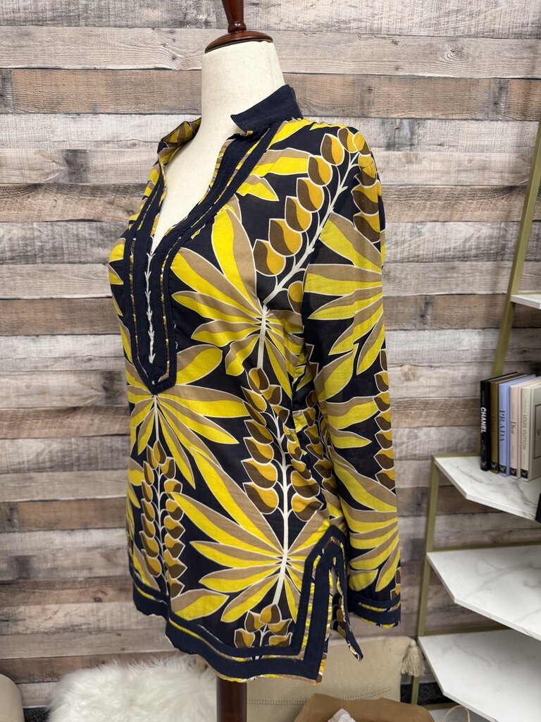 Tory Burch Yellow & Black Palm Lead Print Blouse