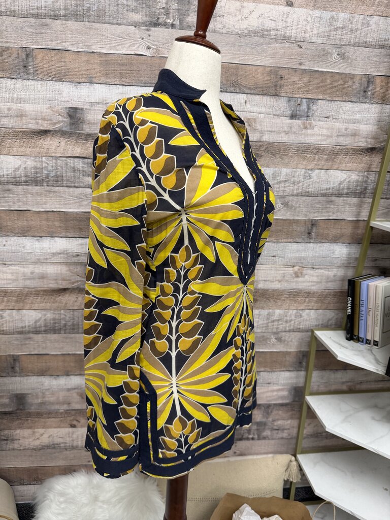 Tory Burch Yellow & Black Palm Lead Print Blouse