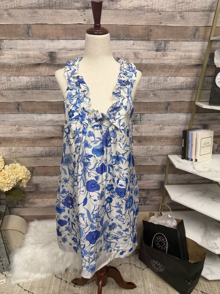 Altea Blue & White Floral Print Dress With Ruffle Detials