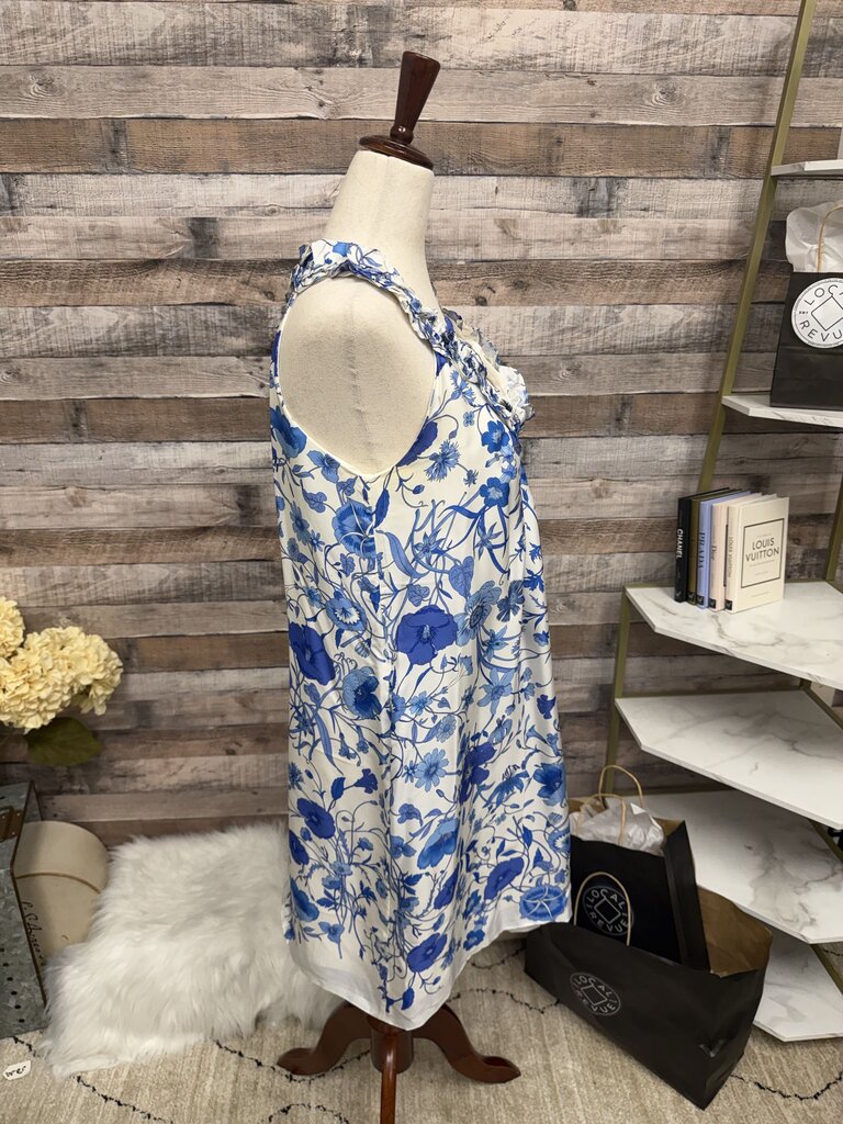Altea Blue & White Floral Print Dress With Ruffle Detials