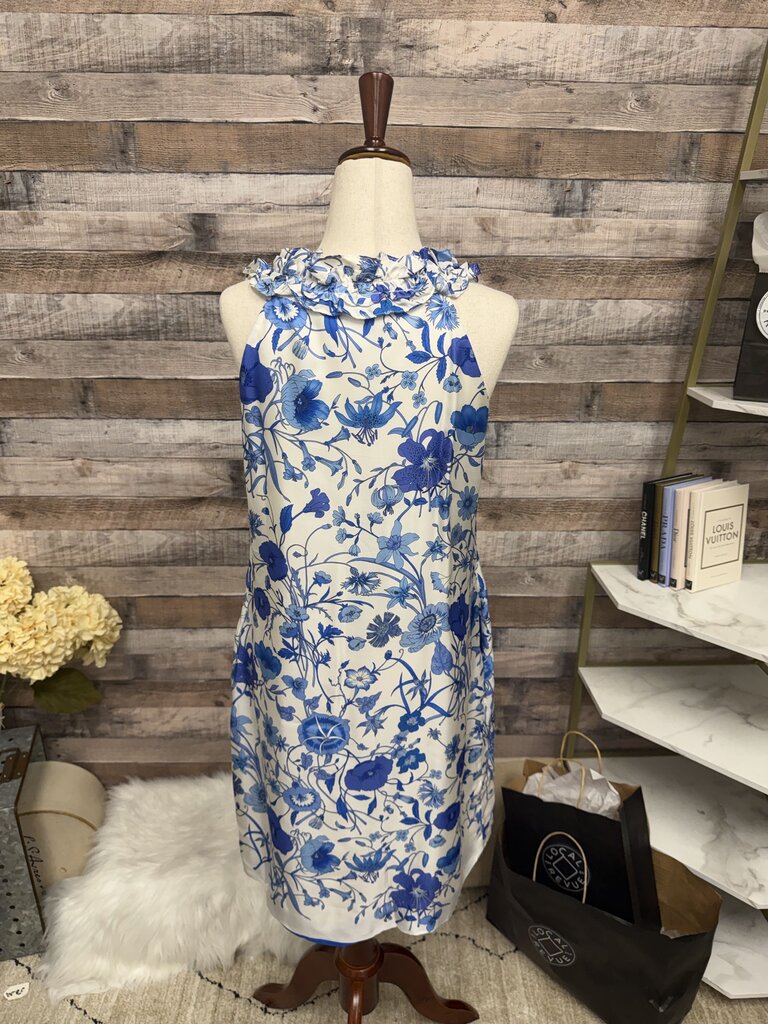 Altea Blue & White Floral Print Dress With Ruffle Detials