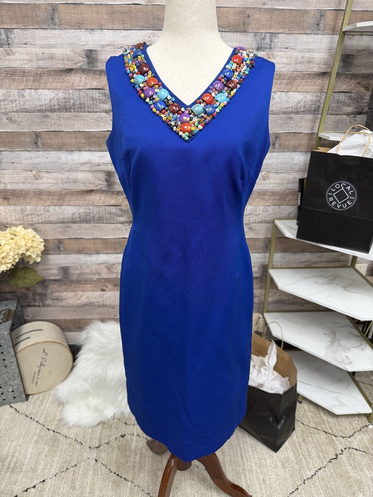 Ellen Tracy Blue Sheath Dress With Embellished Neckline