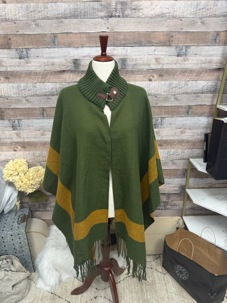 NWT Anthropologie Green & Yellow Fringed Wool Blend Poncho Cape