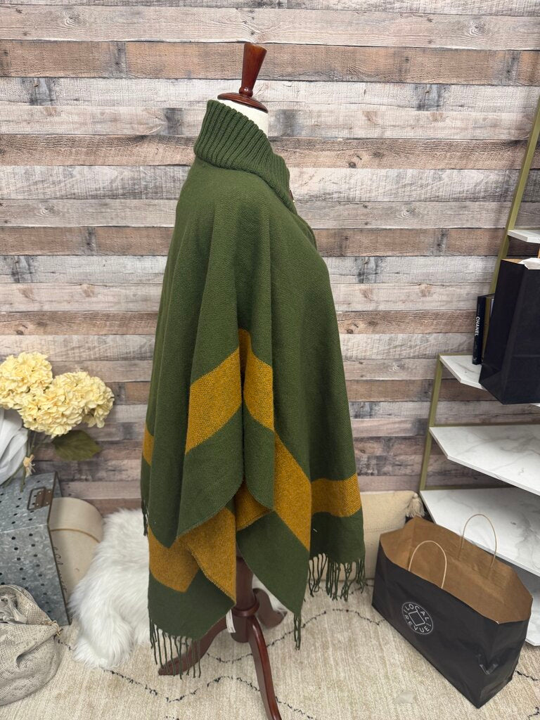 NWT Anthropologie Green & Yellow Fringed Wool Blend Poncho Cape