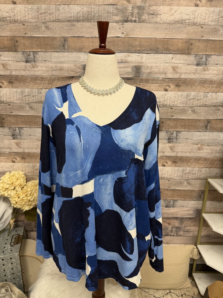 Chico's Blue Abstract Print V-Neck Sweater