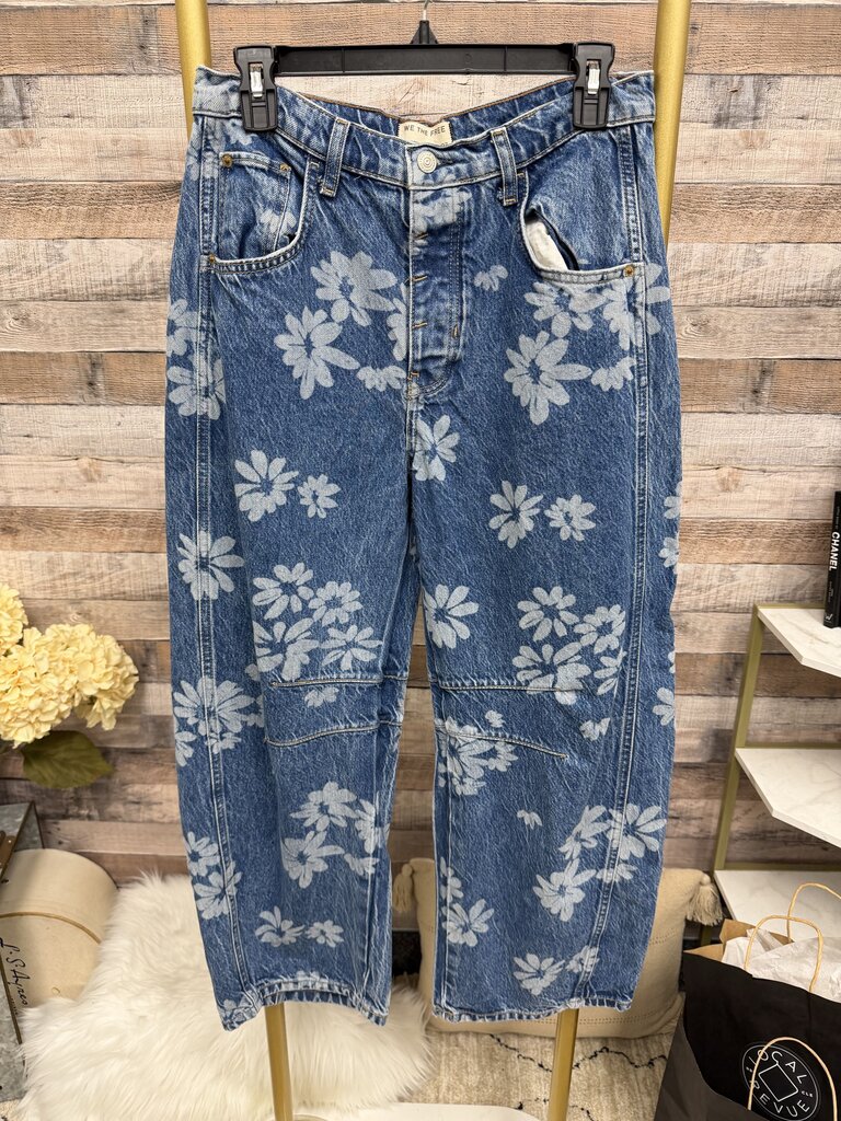 Free People Floral Print Barrel Leg Denim