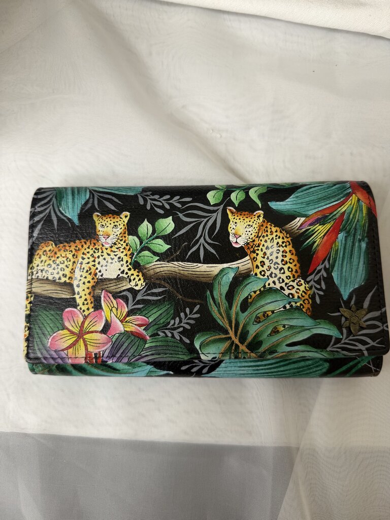 Anuschka Black w/Leopards 3 Fold Wallet