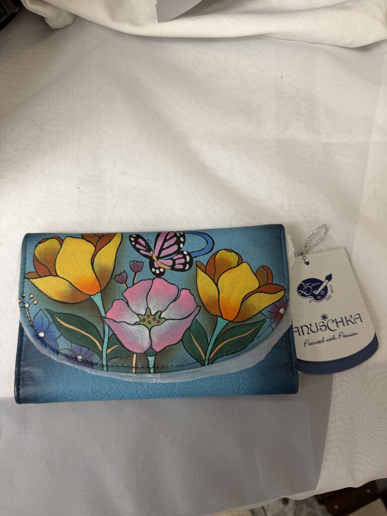NWT Anuschka Turquoise w/ Yellow Flowers & Butterfly Wallet