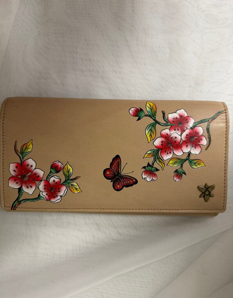 NWT Anuschka Almond w/Red Flowers & Butterfly Wallet