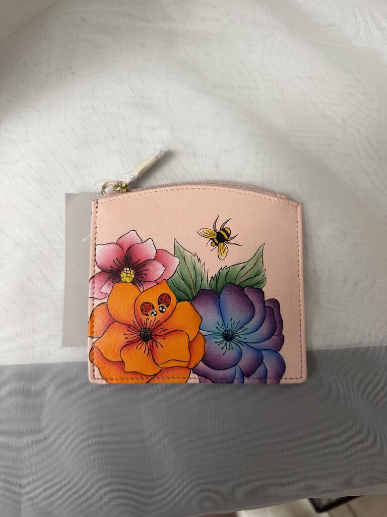Anuschka Pink w/Flowers & Bee Print Card Holder