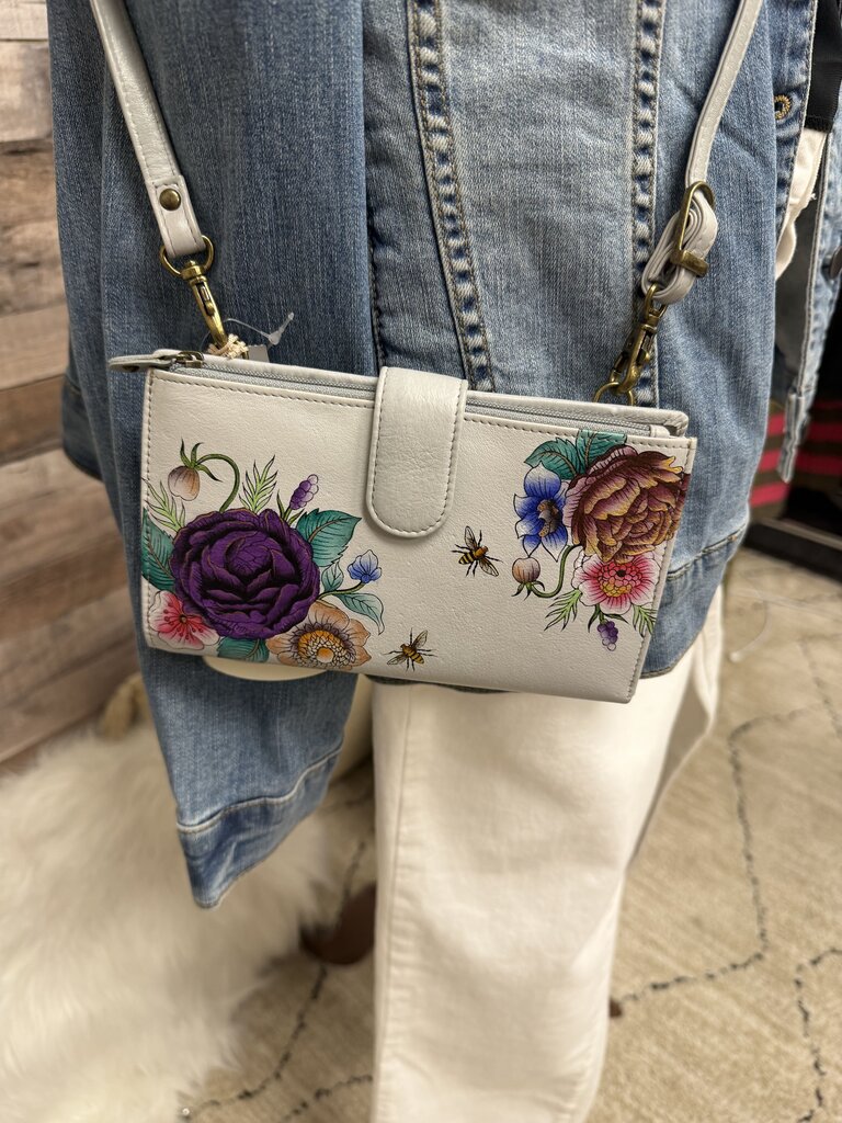 NWT Anuschka Grey w/Flowers & Bees Crossbody Wallet