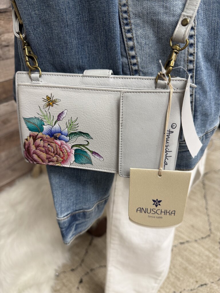 NWT Anuschka Grey w/Flowers & Bees Crossbody Wallet