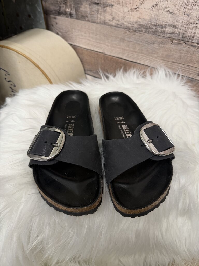 Birkenstock Black Leather Madrid Big Silver Buckle Slide