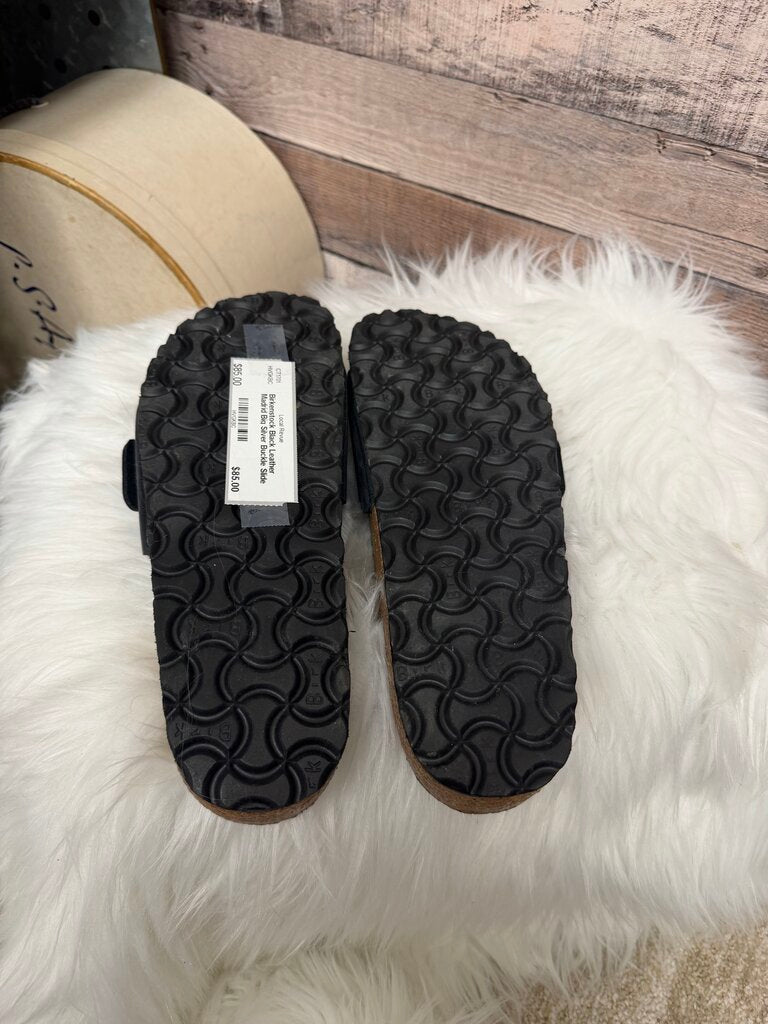 Birkenstock Black Leather Madrid Big Silver Buckle Slide