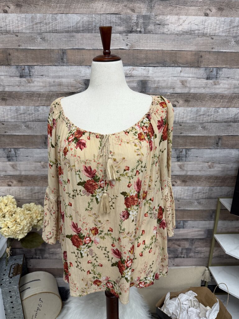 Bila Peach w/Red Floral Print Peasant Top