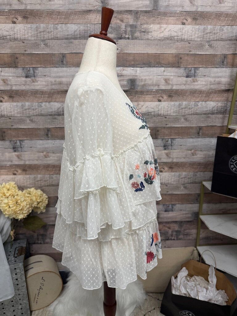 Vintage America Ivory Mesh Tiered Floral Print Top