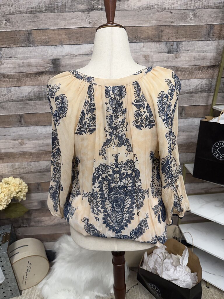 Bila Ivory/Peach w/Blue Boho Paisley & Beaded Design Top