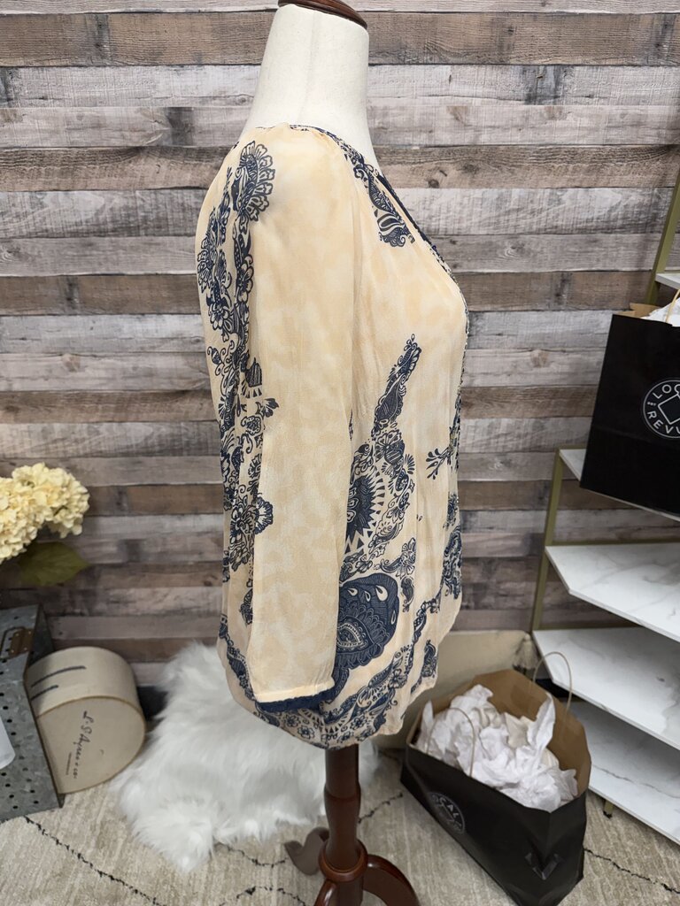 Bila Ivory/Peach w/Blue Boho Paisley & Beaded Design Top
