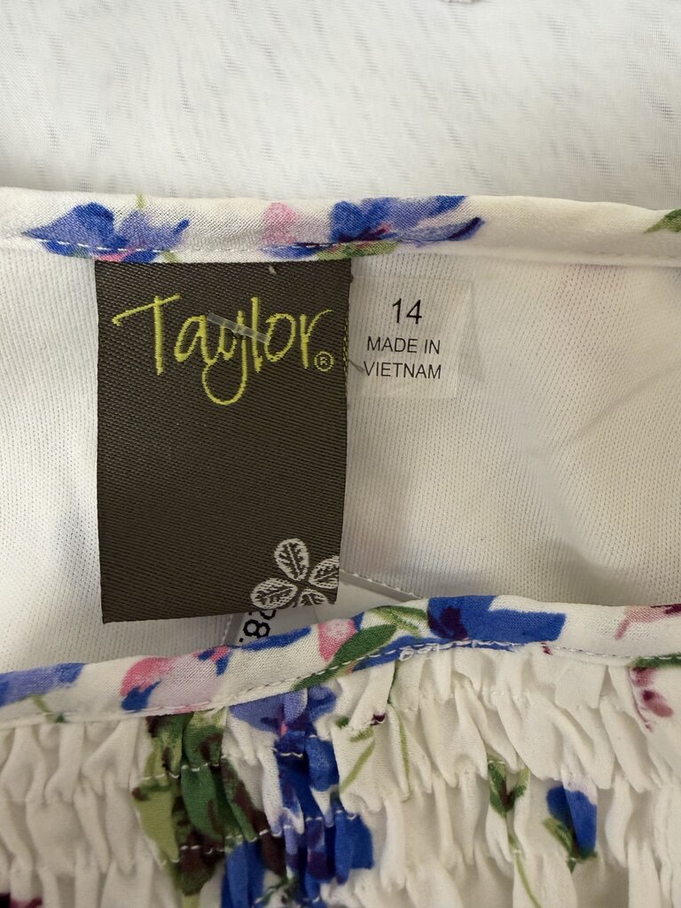 Taylor White w/Blue Floral Print Peasant Top Dress