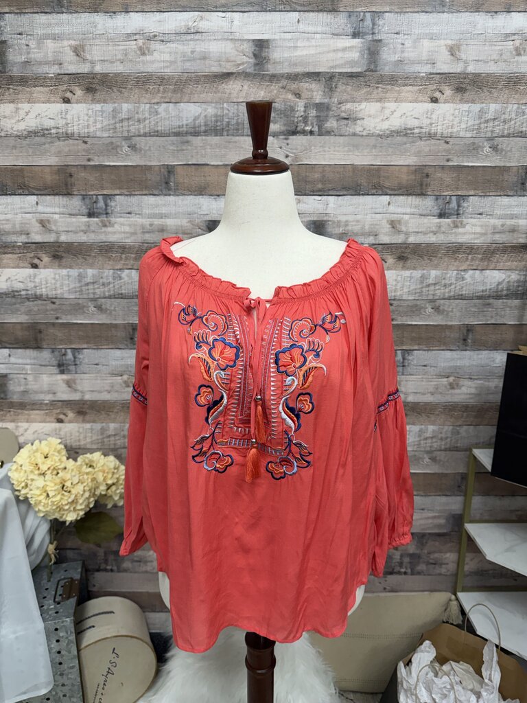 Grand & Greene Coral Peasant top with Blue Embroidered Flowers