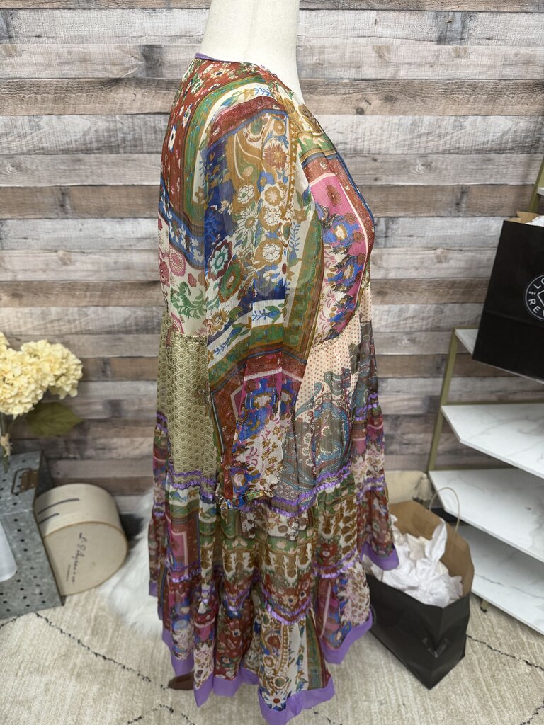 Dimri Boho Patchwork Paisley Print Dress w/Beaded Neckline