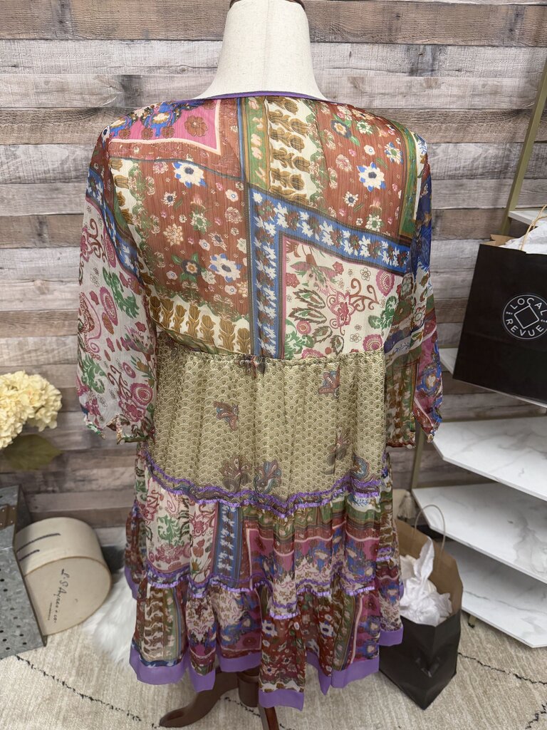 Dimri Boho Patchwork Paisley Print Dress w/Beaded Neckline