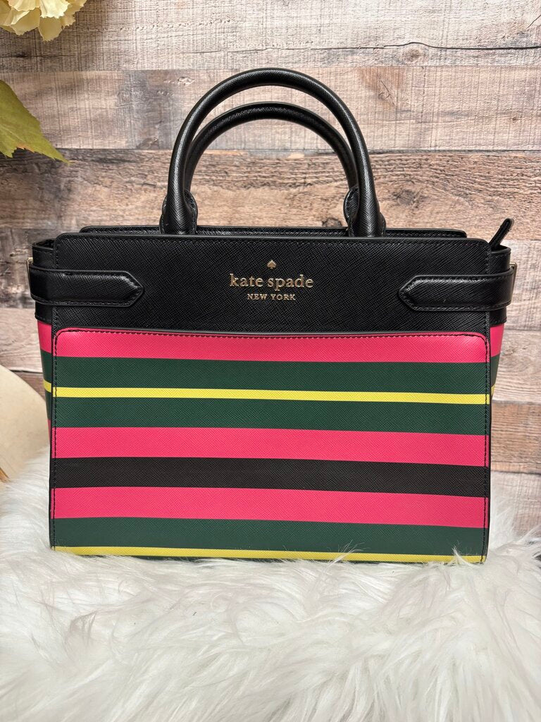 Kate Spade Black w/Pink,Green & Yellow Striped Saffiano Leather Satchel