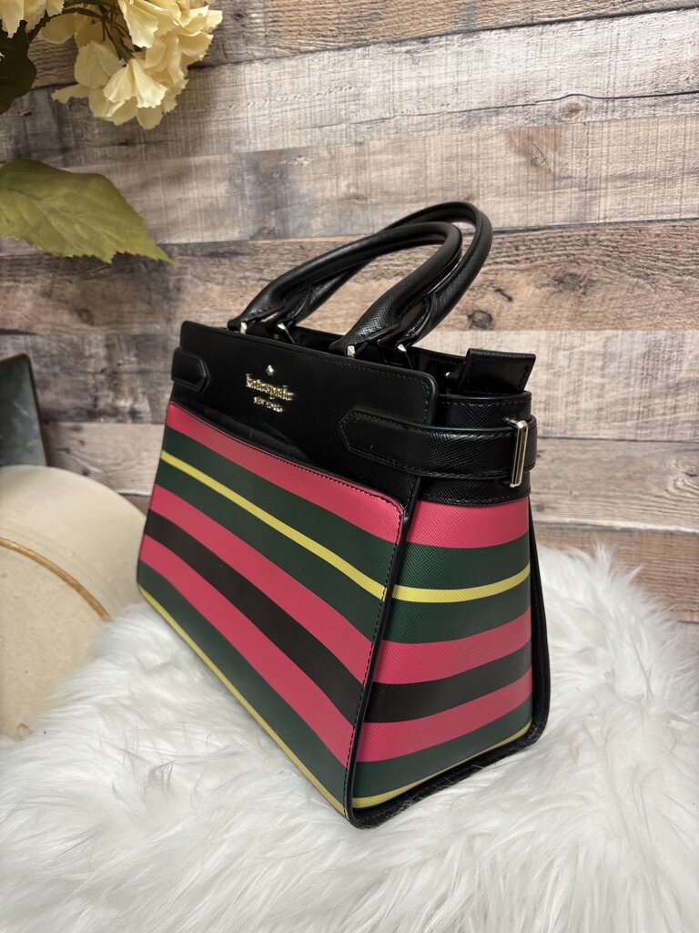 Kate Spade Black w/Pink,Green & Yellow Striped Saffiano Leather Satchel