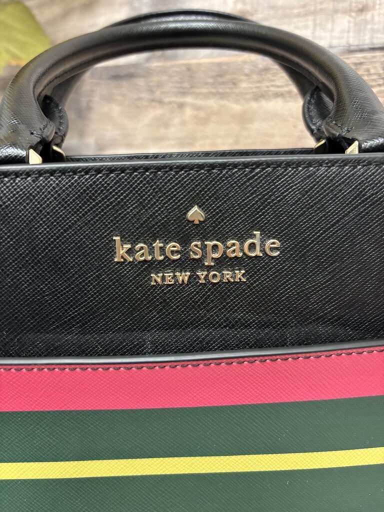 Kate Spade Black w/Pink,Green & Yellow Striped Saffiano Leather Satchel