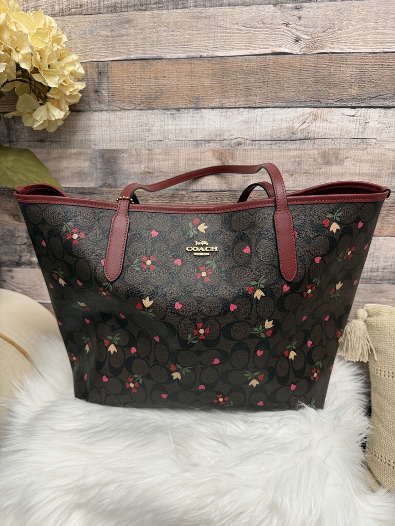 Coach Brown Signature Canvas w/Mini Rose Print Tote & Matching Wallet