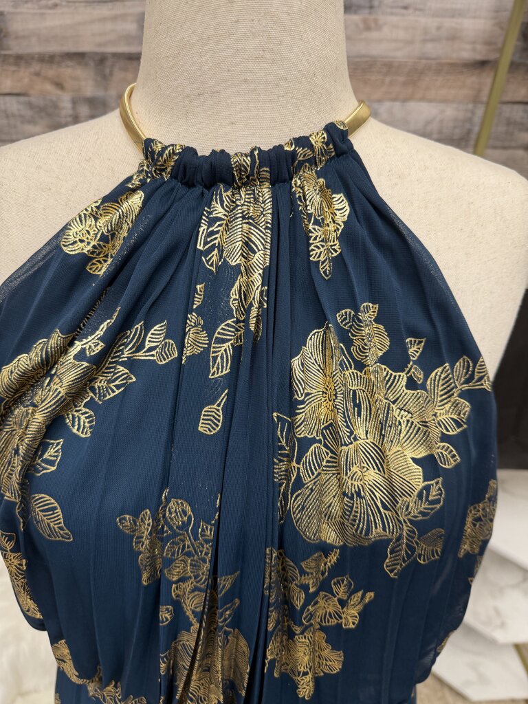 MSK Blue & Gold Floral Print Halter Neck Dress