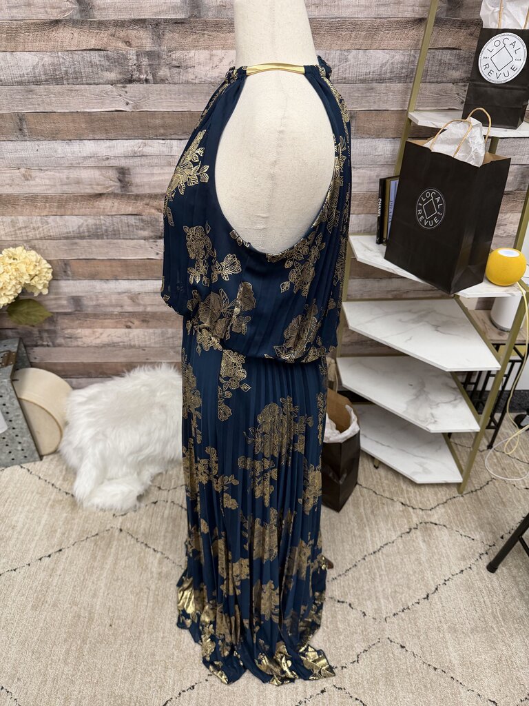 MSK Blue & Gold Floral Print Halter Neck Dress
