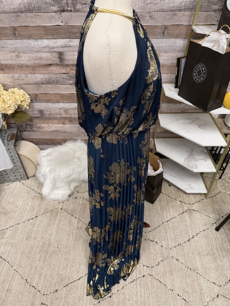 MSK Blue & Gold Floral Print Halter Neck Dress