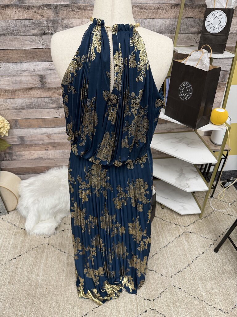 MSK Blue & Gold Floral Print Halter Neck Dress
