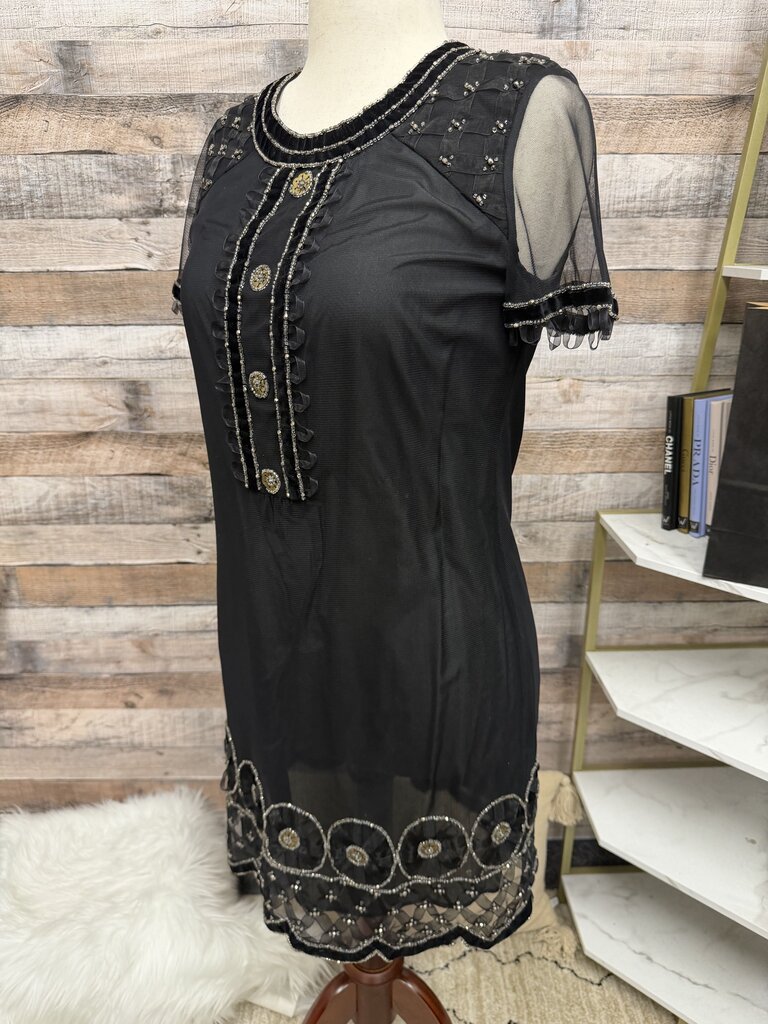 Anna Sui Black Short Sleeve Dress With Beaded Embellishment