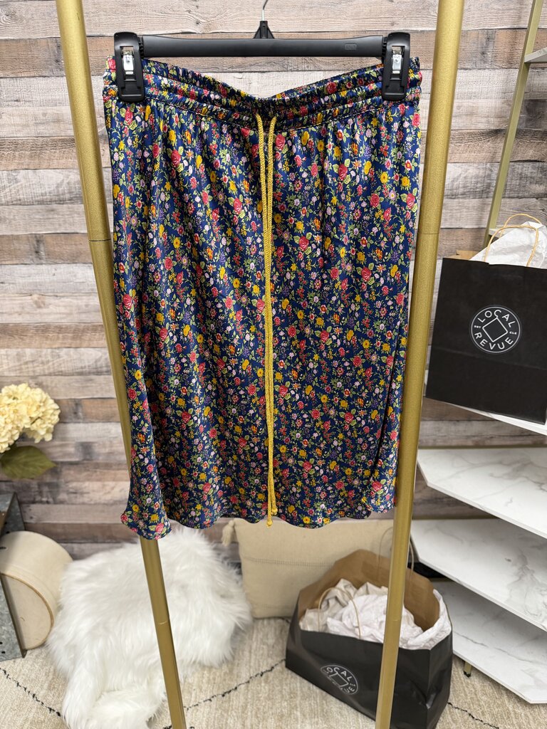 Aqcclothing Black & Floral Print Silk Midi Skirt