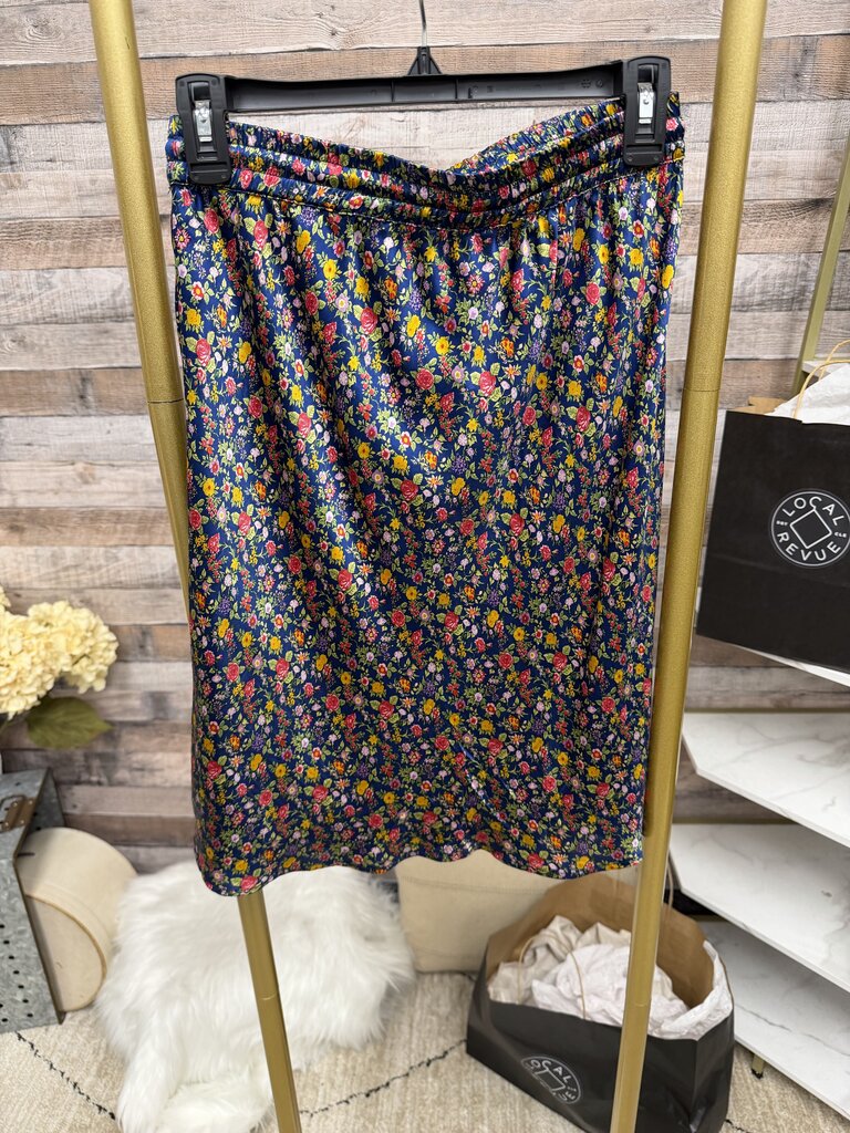 Aqcclothing Black & Floral Print Silk Midi Skirt